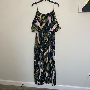 Bloomchic Tropical Ruffles Cold Shoulder Pocket Split Maxi Dress